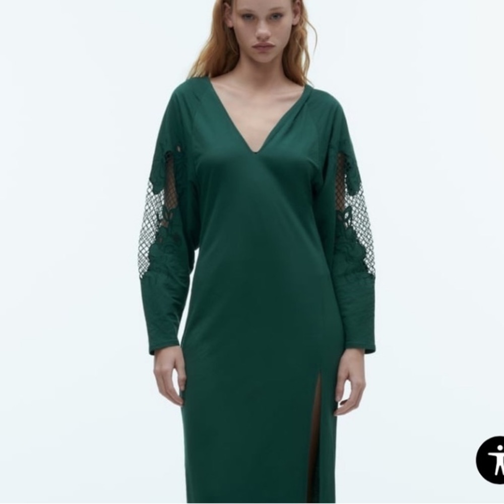 ZARA OPEN CROCHET LACE LONG SLEEVE VAMP MAXI DRESS FOREST GREEN MEDIUM NWT - Picture 3 of 16